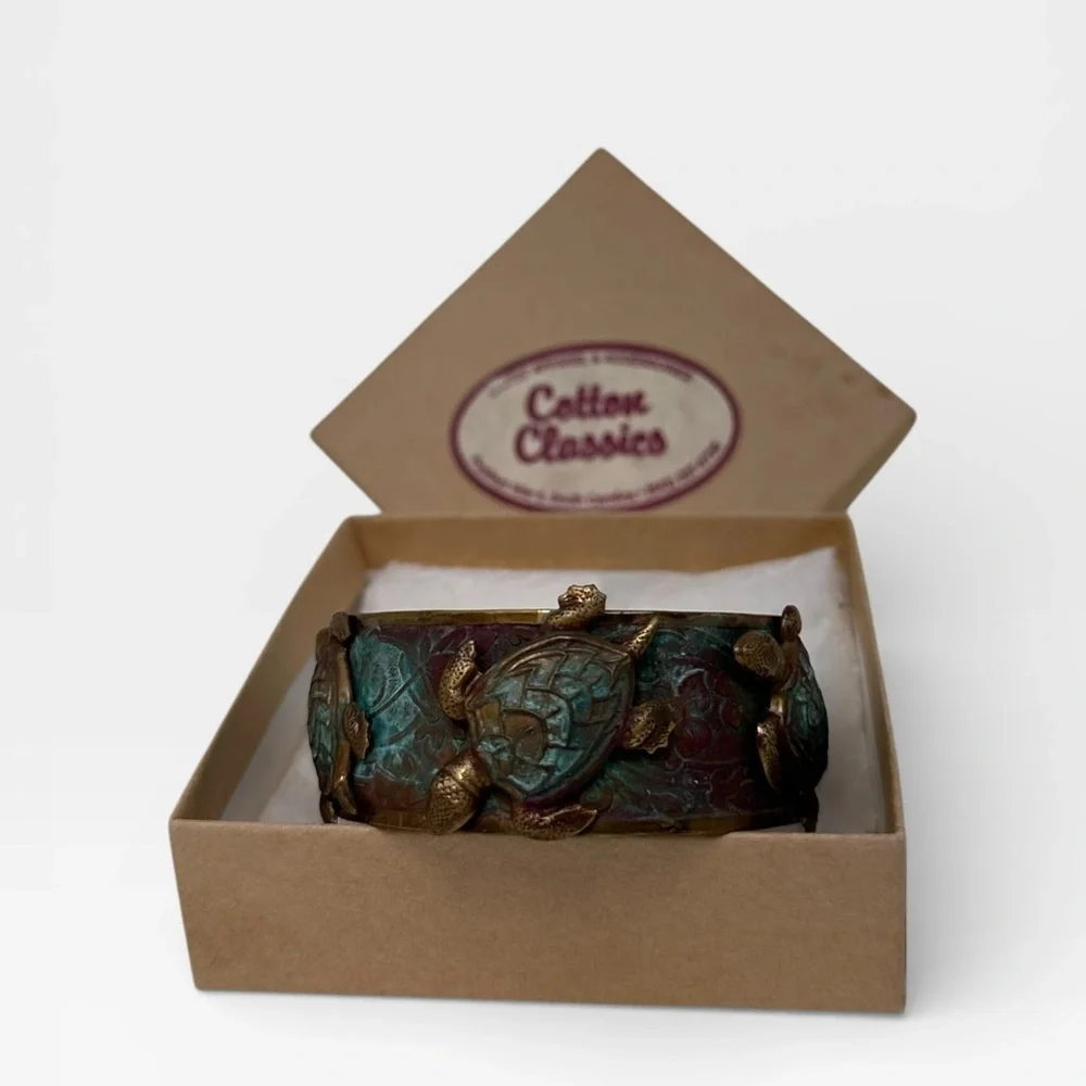 Elaine Coyne Collectible Artwear Sea Turtle Cuff Bracelet Verdigris Patina Brass